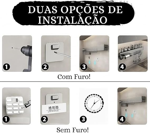 Organizador Multiuso/Suporte de Parede/Porta Utensílios, Talheres e Porta Pano de Pratos com 8 ganchos 50cm, em metal, super resistente, moderno e funcional, sua cozinha muito mais charmosa!