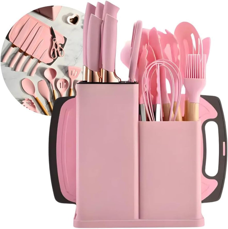 Conjunto de Utensílios de Cozinha 19 Peças em Silicone com Cabo de Madeira, Livre de BPA, Antiaderente e Resistente ao Calor (Branco)