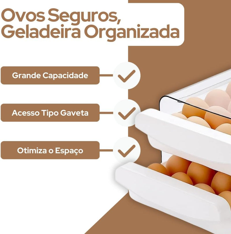 Porta Ovos Organizador 32 Unidades para Geladeira, Casa e Cozinha – Caixa Acrílica Transparente 2 Andares, Empilhável, BPA Free, Ovos Frescos e Organizados | Premium InoVibes