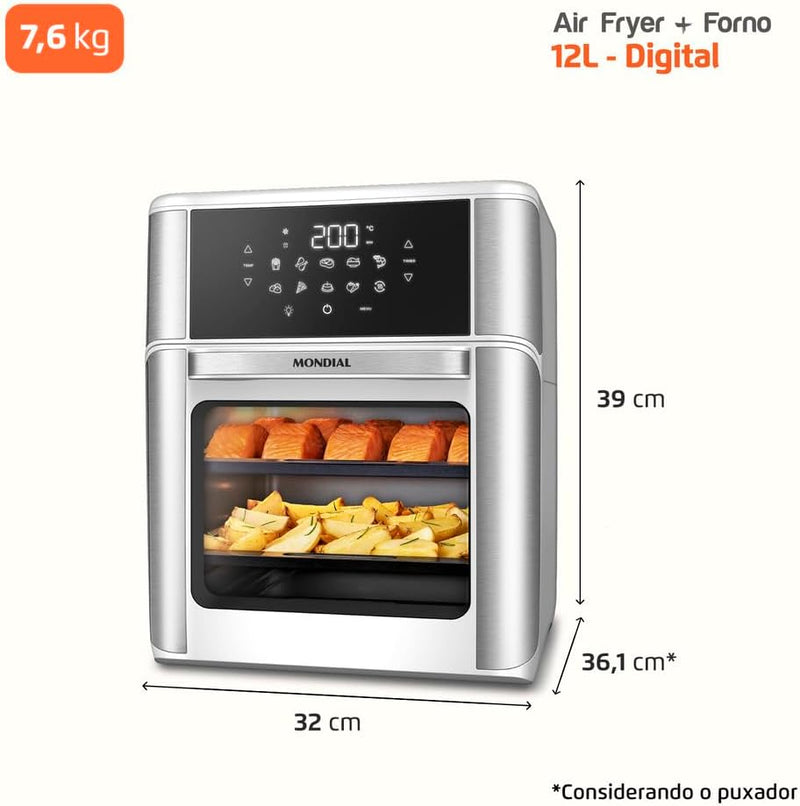MONDIAL Fritadeira Air Fryer Forno Oven 12L, Preto/Inox, 2000W, 110V - AFON-12L-BI