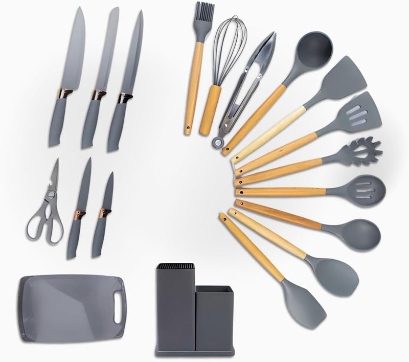 Conjunto de Utensílios de Cozinha 19 Peças em Silicone com Cabo de Madeira, Livre de BPA, Antiaderente e Resistente ao Calor (Branco)