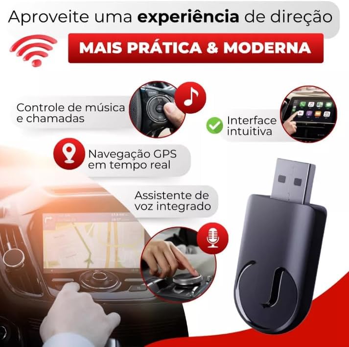 Adaptador Carplay e Android Auto Sem Fio Wireless Usb, Bluetooth 5.0 Premium