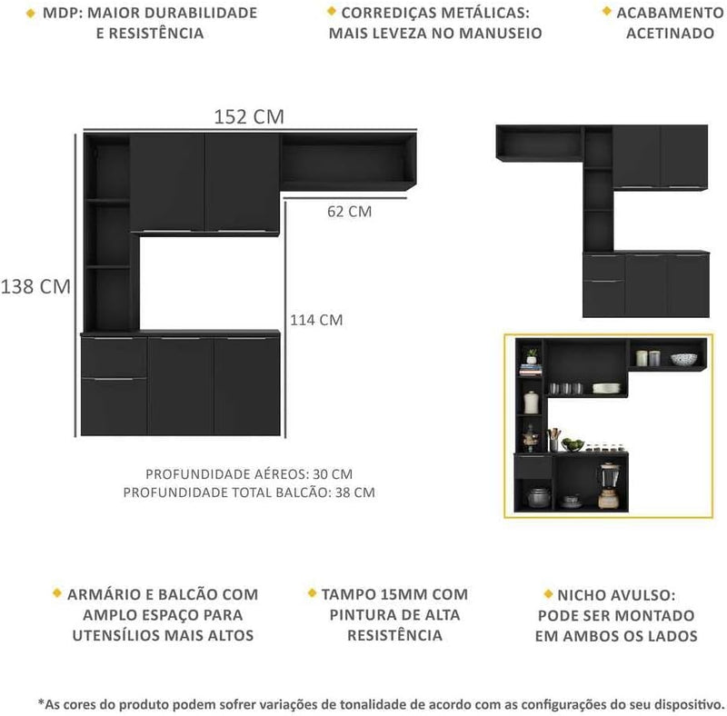 Cozinha Compacta Completa com Armário e Balcão Sofia Mp2001 Preta – Multimóveis, Design Moderno e Espaçoso