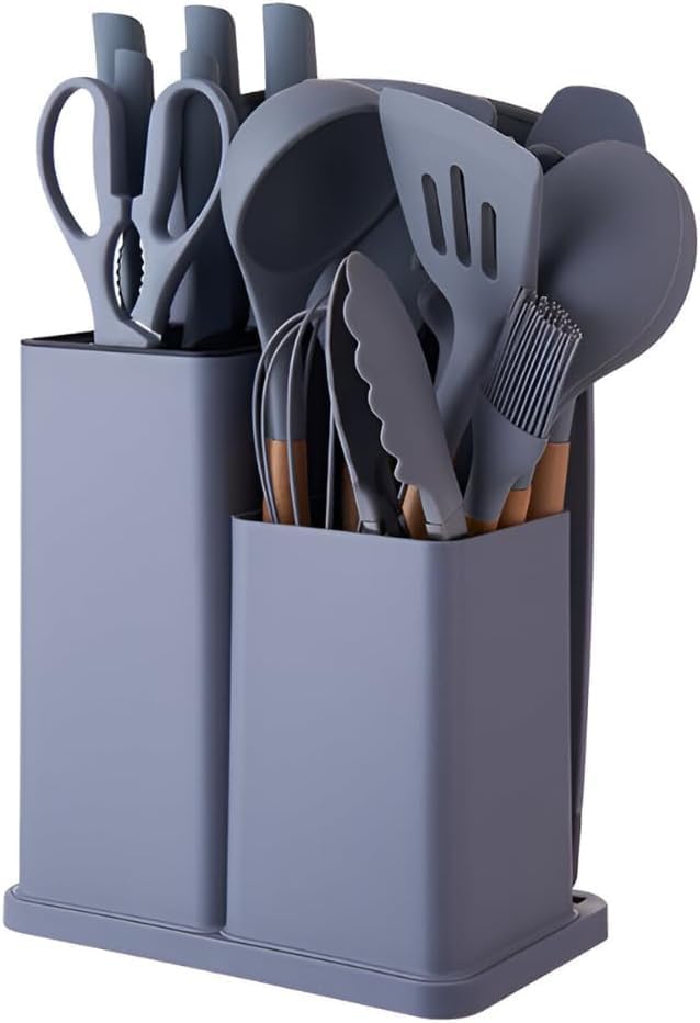 Conjunto de Utensílios de Cozinha 19 Peças em Silicone com Cabo de Madeira, Livre de BPA, Antiaderente e Resistente ao Calor (Branco)