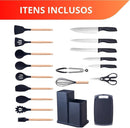 Conjunto de Utensílios de Cozinha 19 Peças em Silicone com Cabo de Madeira, Livre de BPA, Antiaderente e Resistente ao Calor (Branco)