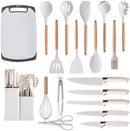 Conjunto de Utensílios de Cozinha 19 Peças em Silicone com Cabo de Madeira, Livre de BPA, Antiaderente e Resistente ao Calor (Branco)