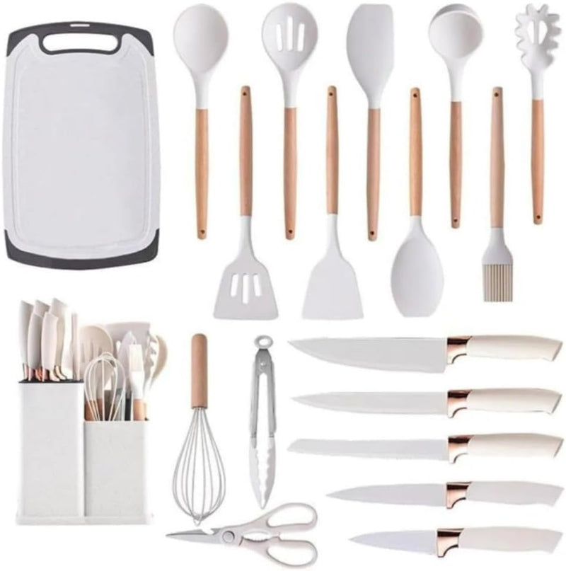 Conjunto de Utensílios de Cozinha 19 Peças em Silicone com Cabo de Madeira, Livre de BPA, Antiaderente e Resistente ao Calor (Branco)