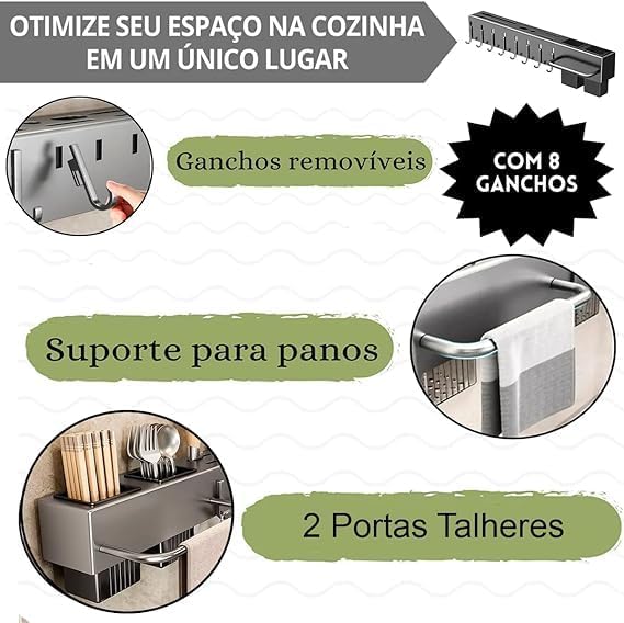 Organizador Multiuso/Suporte de Parede/Porta Utensílios, Talheres e Porta Pano de Pratos com 8 ganchos 50cm, em metal, super resistente, moderno e funcional, sua cozinha muito mais charmosa!