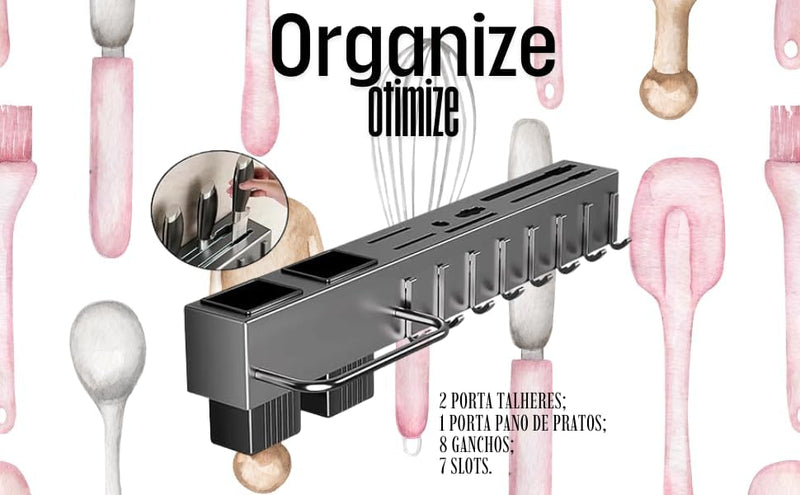 Organizador Multiuso/Suporte de Parede/Porta Utensílios, Talheres e Porta Pano de Pratos com 8 ganchos 50cm, em metal, super resistente, moderno e funcional, sua cozinha muito mais charmosa!