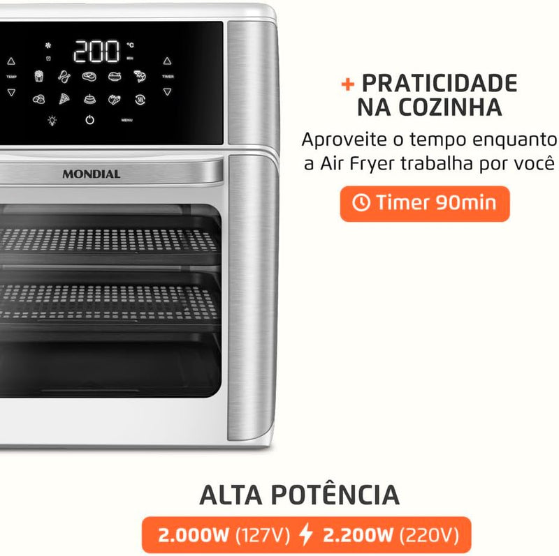 MONDIAL Fritadeira Air Fryer Forno Oven 12L, Preto/Inox, 2000W, 110V - AFON-12L-BI