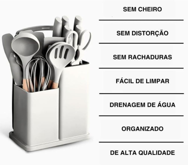Conjunto de Utensílios de Cozinha 19 Peças em Silicone com Cabo de Madeira, Livre de BPA, Antiaderente e Resistente ao Calor (Branco)