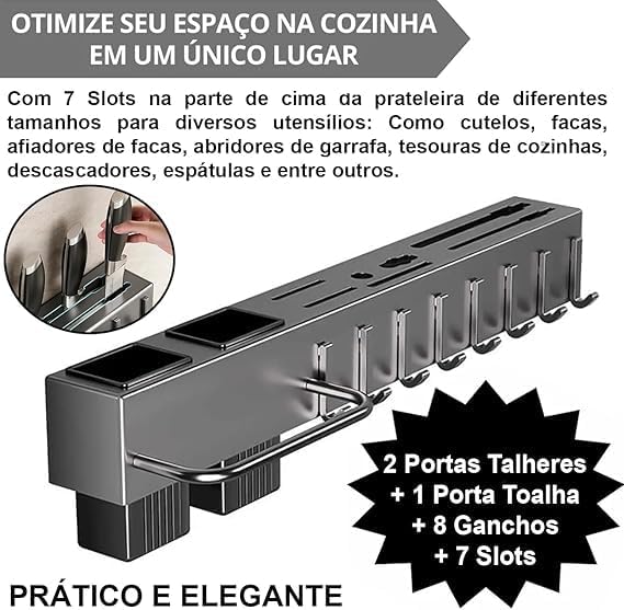 Organizador Multiuso/Suporte de Parede/Porta Utensílios, Talheres e Porta Pano de Pratos com 8 ganchos 50cm, em metal, super resistente, moderno e funcional, sua cozinha muito mais charmosa!