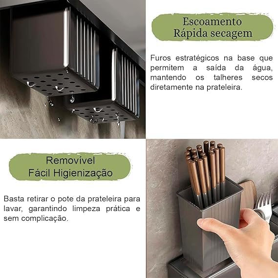 Organizador Multiuso/Suporte de Parede/Porta Utensílios, Talheres e Porta Pano de Pratos com 8 ganchos 50cm, em metal, super resistente, moderno e funcional, sua cozinha muito mais charmosa!