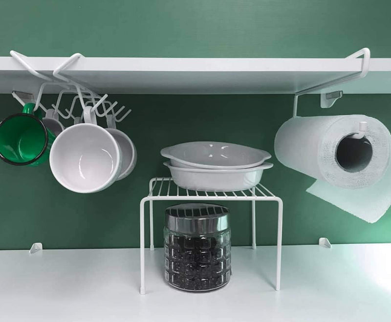 Kit Organizador para Cozinha Armário Prateleira Aramado Armazenamento Xícaras Porta Pratos Cesto 7 Un - Branco