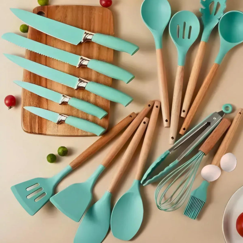 Conjunto de Utensílios de Cozinha 19 Peças em Silicone com Cabo de Madeira, Livre de BPA, Antiaderente e Resistente ao Calor (Branco)