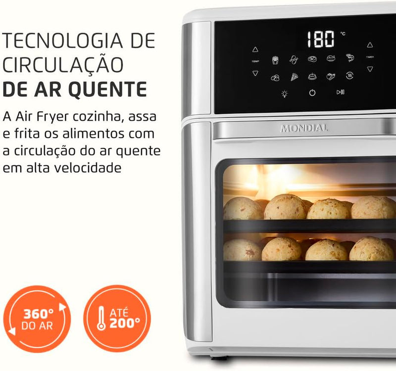 MONDIAL Fritadeira Air Fryer Forno Oven 12L, Preto/Inox, 2000W, 110V - AFON-12L-BI