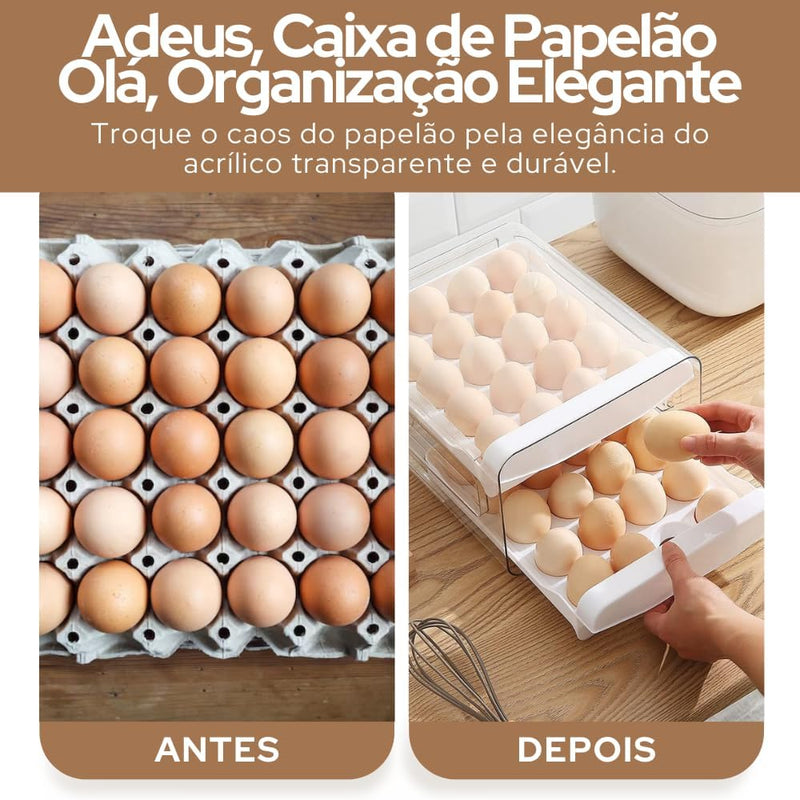 Porta Ovos Organizador 32 Unidades para Geladeira, Casa e Cozinha – Caixa Acrílica Transparente 2 Andares, Empilhável, BPA Free, Ovos Frescos e Organizados | Premium InoVibes