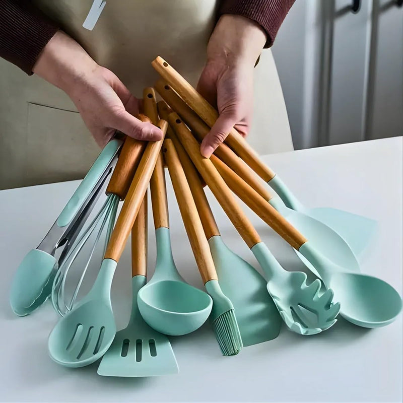 Conjunto de Utensílios de Cozinha 19 Peças em Silicone com Cabo de Madeira, Livre de BPA, Antiaderente e Resistente ao Calor (Branco)