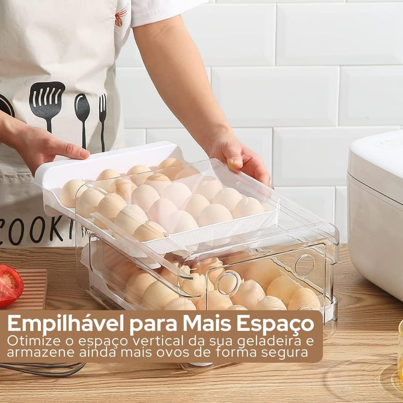 Porta Ovos Organizador 32 Unidades para Geladeira, Casa e Cozinha – Caixa Acrílica Transparente 2 Andares, Empilhável, BPA Free, Ovos Frescos e Organizados | Premium InoVibes
