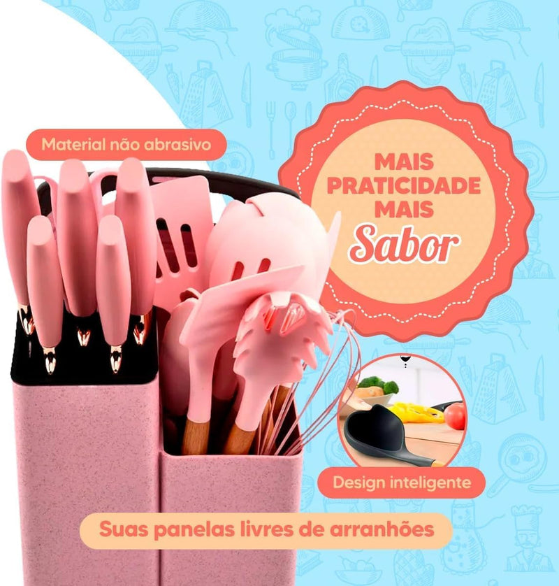 Conjunto de Utensílios de Cozinha 19 Peças em Silicone com Cabo de Madeira, Livre de BPA, Antiaderente e Resistente ao Calor (Branco)