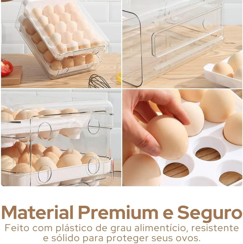 Porta Ovos Organizador 32 Unidades para Geladeira, Casa e Cozinha – Caixa Acrílica Transparente 2 Andares, Empilhável, BPA Free, Ovos Frescos e Organizados | Premium InoVibes
