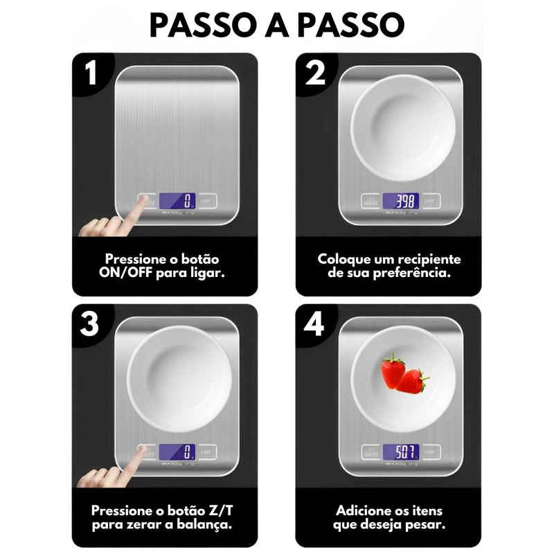 Balança de Cozinha Digital para Alimentos em Inox Resistente a Água Com Base Antiderrapante e Visor de Alta Definição Pesagem de 1g até 10kg