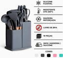 Conjunto de Utensílios de Cozinha 19 Peças em Silicone com Cabo de Madeira, Livre de BPA, Antiaderente e Resistente ao Calor (Branco)