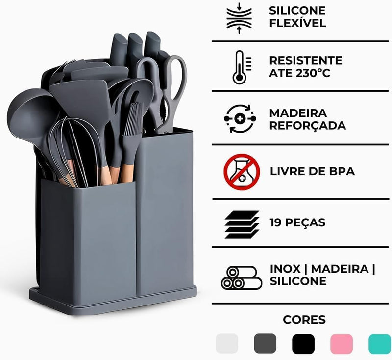 Conjunto de Utensílios de Cozinha 19 Peças em Silicone com Cabo de Madeira, Livre de BPA, Antiaderente e Resistente ao Calor (Branco)