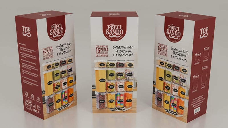 Kit Com 15 Potes Herméticos para Mantimentos, Plástico PP Transparente com Tampa Easy Lock, para Organização de Cozinha e Casa, Certificado CE e FDA