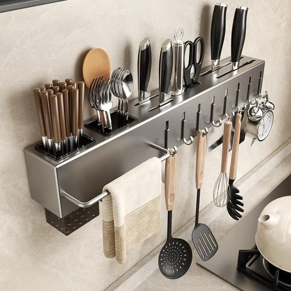 Organizador Multiuso/Suporte de Parede/Porta Utensílios, Talheres e Porta Pano de Pratos com 8 ganchos 50cm, em metal, super resistente, moderno e funcional, sua cozinha muito mais charmosa!