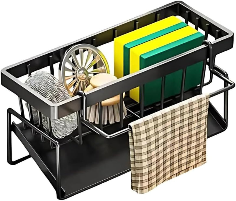 Suporte Organizador de Pia em Aço Carbono Preto | Porta Esponja, Sabão e Pano com Bandeja Antiferrugem | Instalação Sem Furos, Design Moderno e Compacto para Cozinha