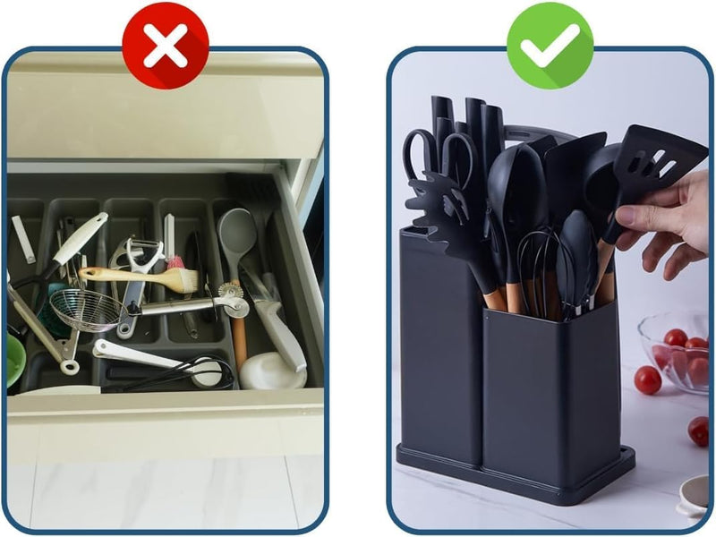 Conjunto de Utensílios de Cozinha 19 Peças em Silicone com Cabo de Madeira, Livre de BPA, Antiaderente e Resistente ao Calor (Branco)