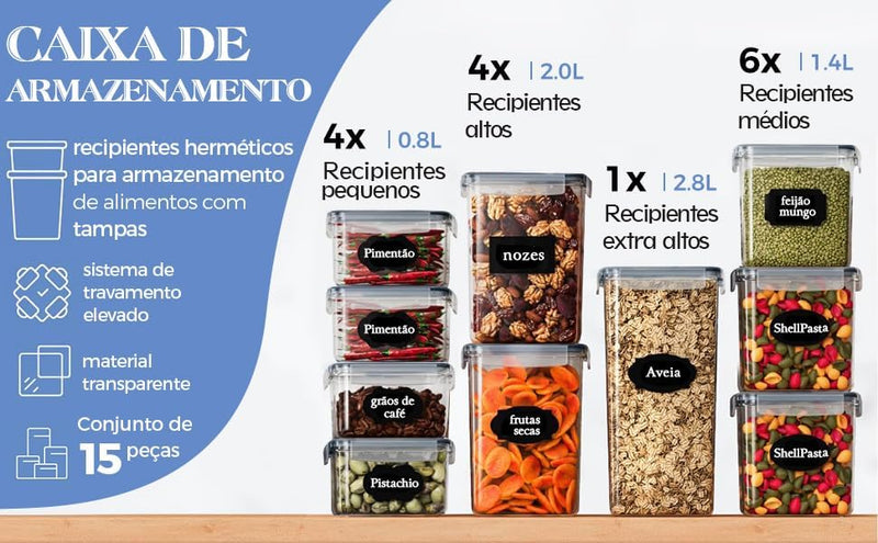 Kit 15 Potes Tampa Hermético - Porta Armazenamento de Alimentos Mantimentos Armário Cozinha (Kit 15)