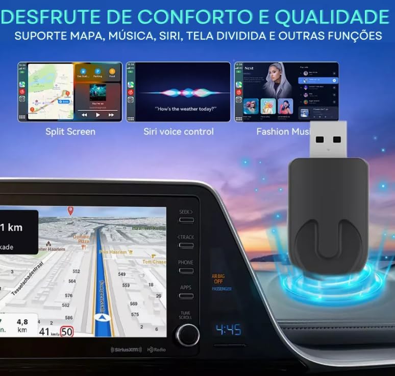 Adaptador Carplay e Android Auto Sem Fio Wireless Usb, Bluetooth 5.0 Premium