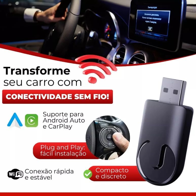 Adaptador Carplay e Android Auto Sem Fio Wireless Usb, Bluetooth 5.0 Premium
