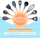 Conjunto de Utensílios de Cozinha 19 Peças em Silicone com Cabo de Madeira, Livre de BPA, Antiaderente e Resistente ao Calor (Branco)