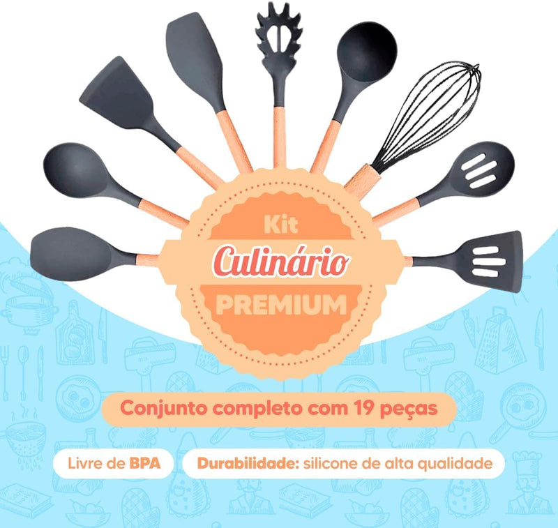 Conjunto de Utensílios de Cozinha 19 Peças em Silicone com Cabo de Madeira, Livre de BPA, Antiaderente e Resistente ao Calor (Branco)