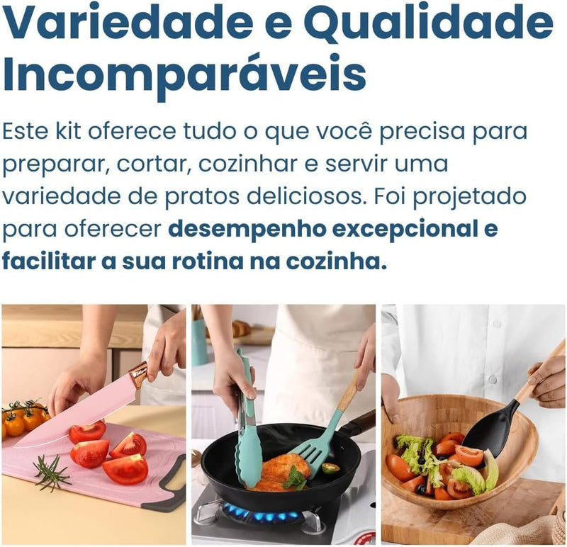 Conjunto de Utensílios de Cozinha 19 Peças em Silicone com Cabo de Madeira, Livre de BPA, Antiaderente e Resistente ao Calor (Branco)