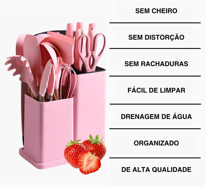 Conjunto de Utensílios de Cozinha 19 Peças em Silicone com Cabo de Madeira, Livre de BPA, Antiaderente e Resistente ao Calor (Branco)