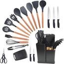 Conjunto de Utensílios de Cozinha 19 Peças em Silicone com Cabo de Madeira, Livre de BPA, Antiaderente e Resistente ao Calor (Branco)