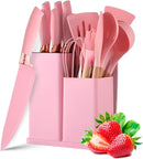 Conjunto de Utensílios de Cozinha 19 Peças em Silicone com Cabo de Madeira, Livre de BPA, Antiaderente e Resistente ao Calor (Branco)