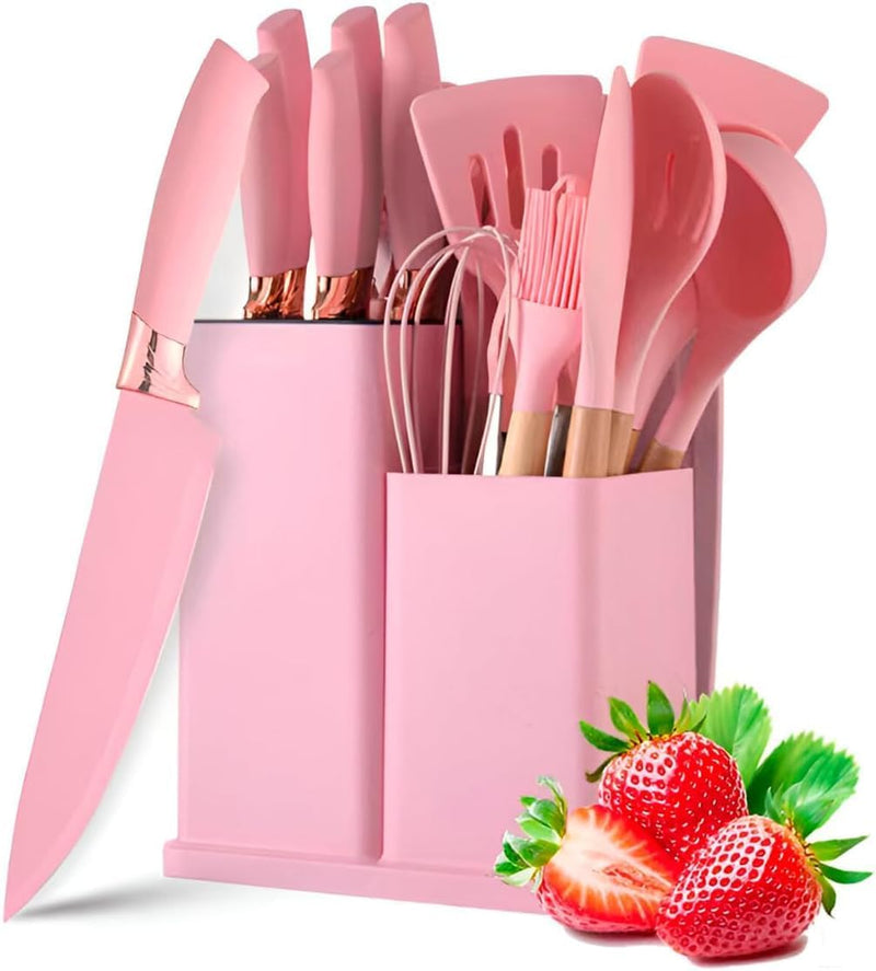 Conjunto de Utensílios de Cozinha 19 Peças em Silicone com Cabo de Madeira, Livre de BPA, Antiaderente e Resistente ao Calor (Branco)