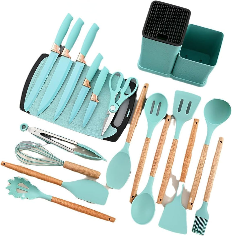 Conjunto de Utensílios de Cozinha 19 Peças em Silicone com Cabo de Madeira, Livre de BPA, Antiaderente e Resistente ao Calor (Branco)
