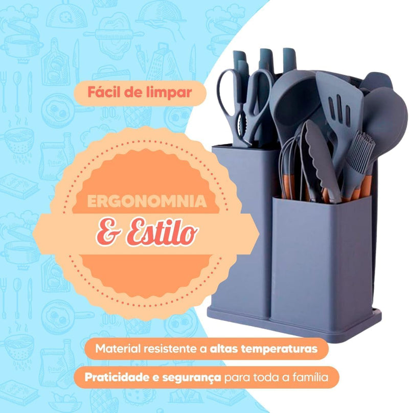 Conjunto de Utensílios de Cozinha 19 Peças em Silicone com Cabo de Madeira, Livre de BPA, Antiaderente e Resistente ao Calor (Branco)