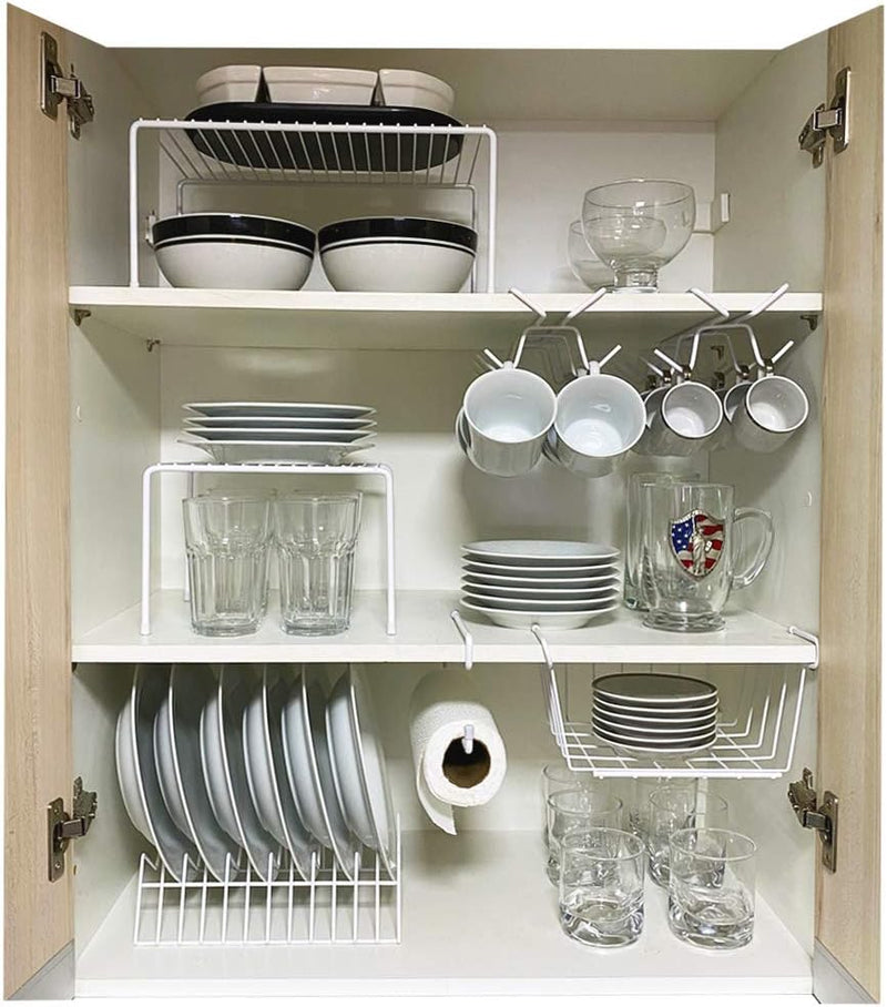 Kit Organizador para Cozinha Armário Prateleira Aramado Armazenamento Xícaras Porta Pratos Cesto 7 Un - Branco