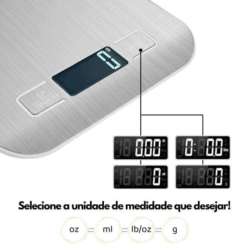 Balança de Cozinha Digital para Alimentos em Inox Resistente a Água Com Base Antiderrapante e Visor de Alta Definição Pesagem de 1g até 10kg