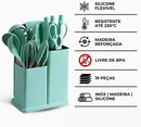 Conjunto de Utensílios de Cozinha 19 Peças em Silicone com Cabo de Madeira, Livre de BPA, Antiaderente e Resistente ao Calor (Branco)