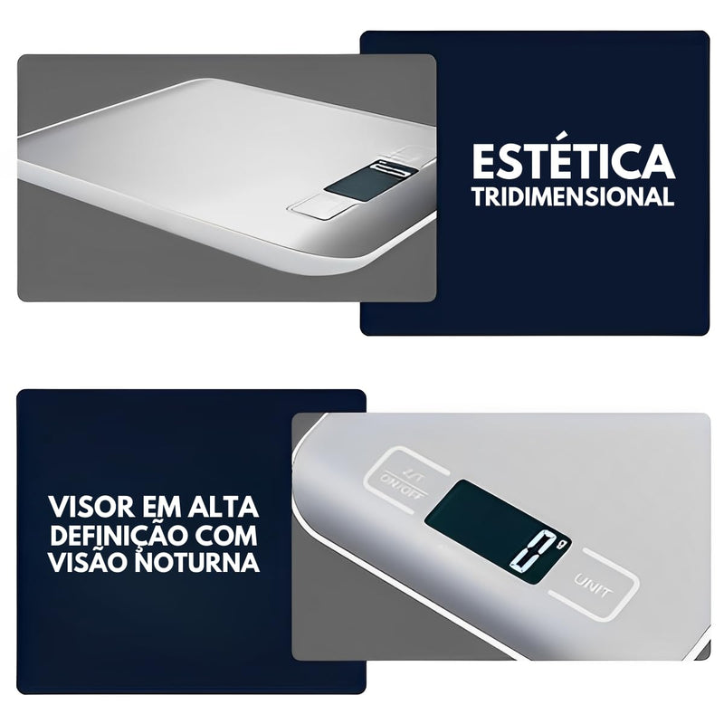Balança de Cozinha Digital para Alimentos em Inox Resistente a Água Com Base Antiderrapante e Visor de Alta Definição Pesagem de 1g até 10kg