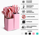 Conjunto de Utensílios de Cozinha 19 Peças em Silicone com Cabo de Madeira, Livre de BPA, Antiaderente e Resistente ao Calor (Branco)