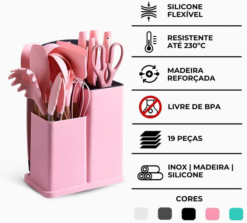 Conjunto de Utensílios de Cozinha 19 Peças em Silicone com Cabo de Madeira, Livre de BPA, Antiaderente e Resistente ao Calor (Branco)